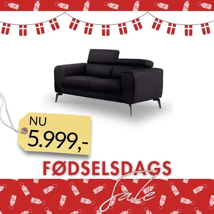 2 Pers Sofa Model Napoli - Fuld Læder - Sort - Nakkefunktioner