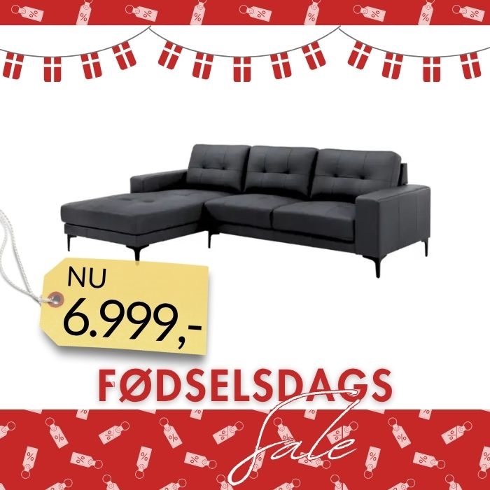 Chaise sofa model Veda Venstrevendt - Fuld Læder - Sort