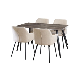 Wicklow spisebordssæt, Top grå Batis poleret keramik inkl. 4 beige Basel stole