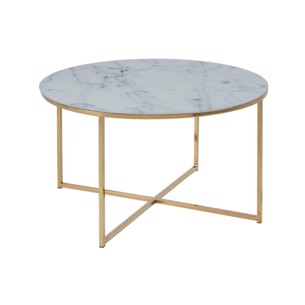 Alisma rundt sofabord - Hvid glasplade med marmormønster - stel i lyst messingfarvet metal  - Ø:80 H:46 cm.