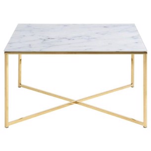 Alisma kvadratisk sofabord - Hvid glasplade med marmormønster og guldstel -  L:80 B:80 H:45 cm.