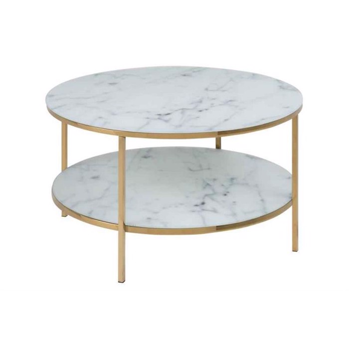 Alisma rundt sofabord - hvid glasplade med marmormønster - Ø:80 H:45 cm.