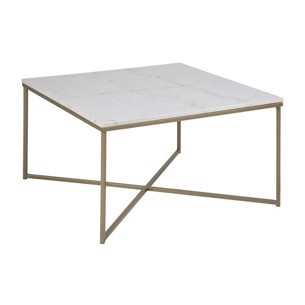 Alisma kvadratisk sofabord - Hvid glasplade med marmormønster - stel i lys messingfarvet metal - L:80 B:80 H:46 cm.