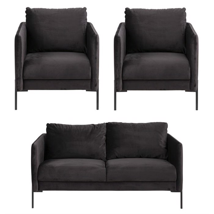 Kingsley sofa sæt - Sort Velour - 2 pers. sofa + 2 stole. 