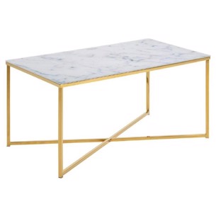 Alisma sofabord - glasplade med hvidt marmormønster | gyldent kromstel