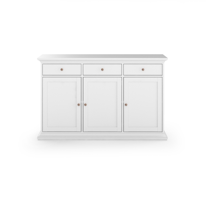 Paris 3 dørs skænk hvid - Længde 144 x 92 cm. Dybde  46 cm.